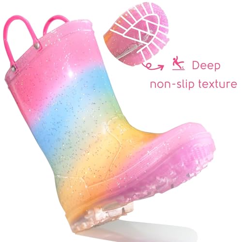Toddler Rain Boots for Girls Boys, Kids Rain Boots Light Up Glitter Boot Waterproof Shoes with Easy on Handles4