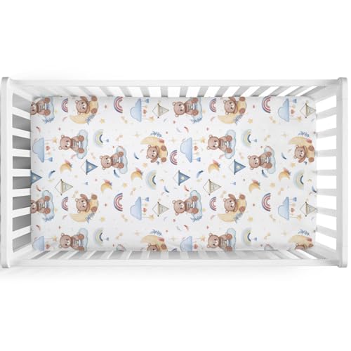 Image of Cartoon Cute Bear Baby Crib Mattress Sheet 52''x28'' Bear Rainbow Moon Stars Clouds Leaf Snug Fitted Crib Mattress Cover for Boy Girl Soft Nursery Standard Crib Toddler Mattress Pad Cover Blue