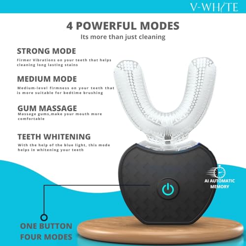 Image of V-WHITE Adults Auto Brush Ultrasonic U-Shaped Toothbrush - 360 Teeth Cleaning, Hands-Free Electric Autobrush - Gum Protection, Waterproof IPX7, Wireless Charging