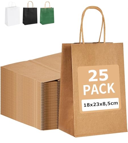 PAKNOR® 25stk Braun Papiertüten mit Henkel - 18 x 21 x 8 cm,...