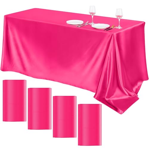 Image of TURSTIN 4 Packs Hot Pink Satin Tablecloth 102 x 58 Inch Overlay Satin Table Cover Rectangle Bright Silk Tablecloth Smooth Fabric Table Decoration for Wedding Banquet Party Events