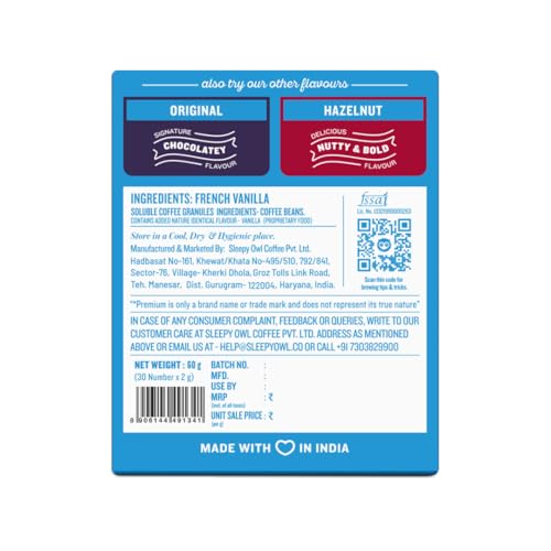 Sleepy Owl French Vanilla Flavour 100% Arabica Coffee Sachets | 60g - Pack of 30 x 2g Instant Coffee Powder Sachets | Travel Friendly