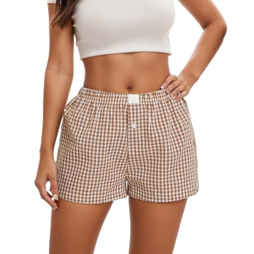 Image of Sumleno Womens Y2k Aesthetic Boxer Shorts Plaid Elastic Waist Lounge Pj Bottoms Summer Casual Gingham Pajamas Shorts