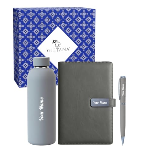 Image of Giftana 3 in 1 Personalized Diary, Pen & 500ml bottle Gift Set (Grey)
