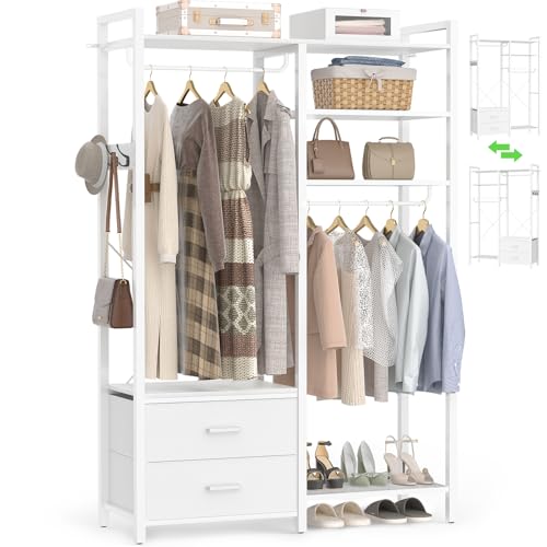 iSunirm Offener Kleiderschrank in Weiß, Kleiderständer mit 2 Schubladen & 2 Kleiderstangen, Moderne Garderobe Metall für Schlafzimmer, Stabiler Garderobenschrank Wendbar, 115 x 40 x 200 cm