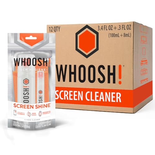 WHOOSH! Laptop Screen Cleaner Spray and Wipe [Set of 12] - 3.4 + 0.3 FL oz + 2 Microfiber Cloths - Duo with Large & Travel Size Bottles for Eyeglass Cleaner & Car Screen Cleaner- iPhone Cleaning Kit