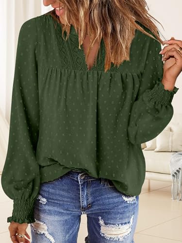 BETTE BOUTIK Women Boho Long Sleeve Shirts Dressy Casual V Neck Fall Fashion Tops Swiss Dot Flowy Blouses