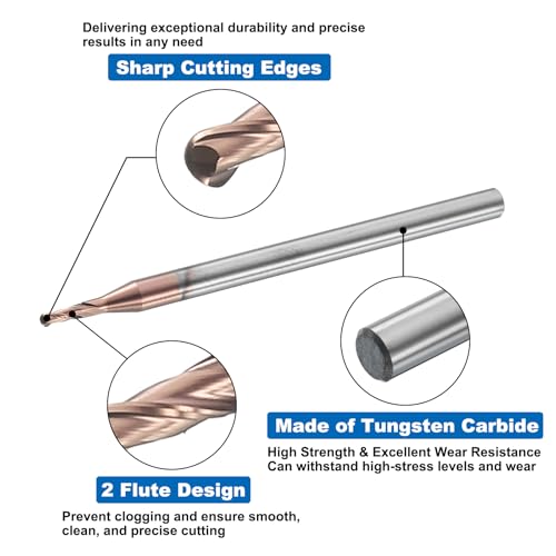 Image of HARFINGTON Ball Nose End Mill 2 Flute 0.059 inch Diameter 1 /8 inch Shank Tungsten Carbide Uncoated Spiral CNC Router Bits 0.177 inch Cutting Length Single End Ball for Carving Engraving Grinding