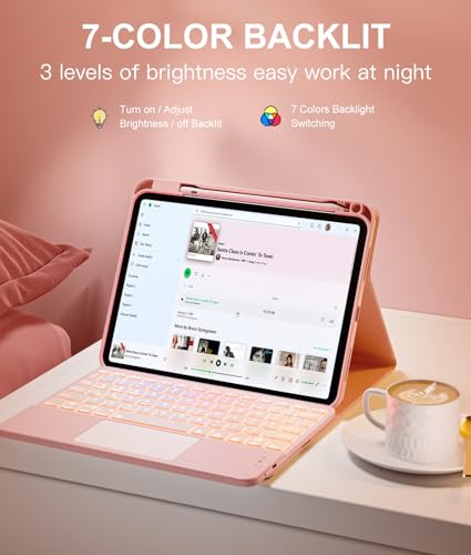 Image of Harvopu Compatible for iPad 11th 10th Generation Case with Keyboard, Folio Cover with Pencil Holder, Multi-Touch Trackpad, 7 Color Backlit, Detachable Keyboard for iPad (A16) 11th /10th Gen(Light Pink) | with Pencil Holder