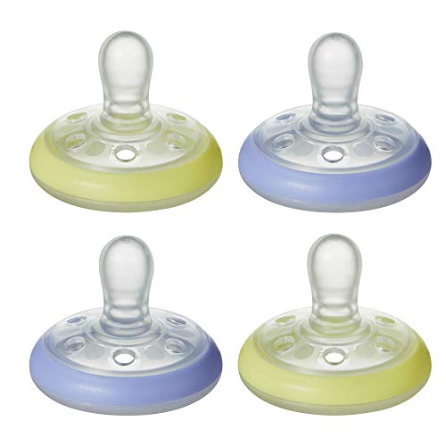 Tommee Tippee Breast-Like Night Pacifier, Glow in The Dark | Silicone, Orthodontic (6-18 Months, Blue/Yellow, 4 Count)