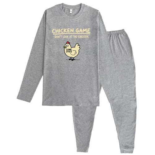 Pampling Pijama de Hombre y Mujer de Invierno, Camiseta Manga Larga Serigrafiada y Pantalón Largo con Bolsillos, Conjunto para Dormir de Algodón con Bolsa de Regalo, 5 Tallas (Chicken Game, L)