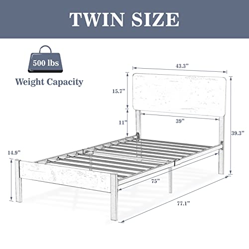 Allewie Twin Size Platform Bed Frame with Wood headboard and Metal