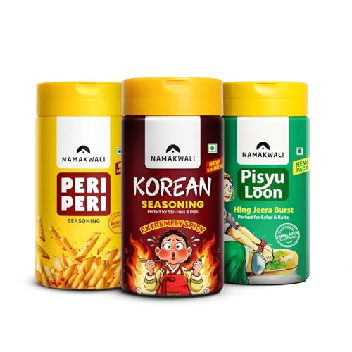 Image of Namakwali Seasoning Combo Pack of 3 (280g) | Korean, Peri Peri Masala & Hing Jeera Flavored Salt | Sprinkle & Marinade Spice Mix | Snack, Salad & Noodle Seasoning | Shark Tank India