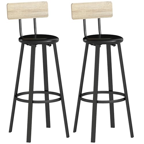 HOMCOM Juego de 2 Taburetes de Bar, Taburetes Altos de Cocina con Respaldo y Reposapiés, Tapizados de PU, Asiento de 75,5 cm de Altura, Fácil Montaje, Estilo Industrial, Natural y Negro