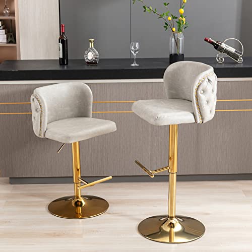 Set de 2 Butacos Deolme de Cuero con Giro 360°, Ajustable en Altura, Piernas de Metal Dorado, Tapizado Beige Crema miniatura 1