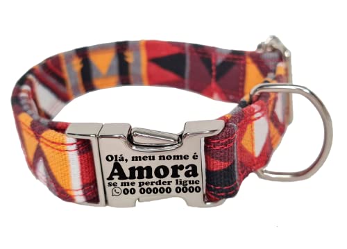 Coleira Identificação Nome Telefone Gravado Varias Estampas Cachorro Pet Personalizada (Colorida Vermelha, M 30 a 40 cm)