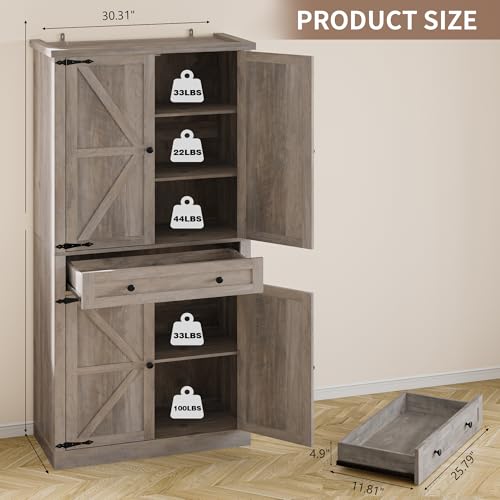 Image of BORNOON Pantry Organizers and Storage Cabinet, 67.7 inch Barn Door White Kitchen Cabinet with Drawers and Adjustable Shelf, Tall Pantry for Kitchen, Dining Room, Living Room Bedroom