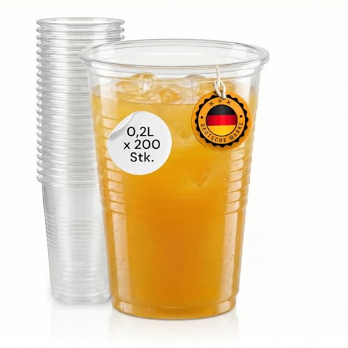 LogiPack GeRo 200 Stück Trinkbecher | Eichstrich 0,2l | Bierbecher Plastikbecher Einwegbecher aus Kunststoff PP (Polypropylen), Transparent klar | Ausschankbecher