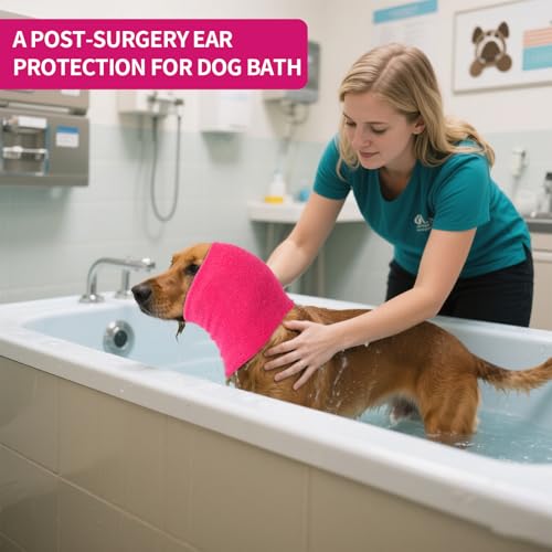 Image of Dog Calming Hoodie Cat Anxiety Relief Cover,Double Layer Thickened Pet Ears Protector Soft Elastic Neck Band Noise Cancelling Ear Muffs for Grooming,Force Drying,Bath,Fireworks (Pink, Medium)