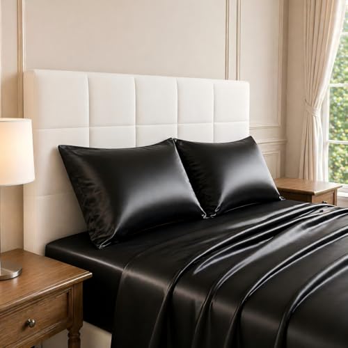 Silky Satin Sheet Set Full Size 4 Piece Smooth Deep Pocket Bed Sheets Black