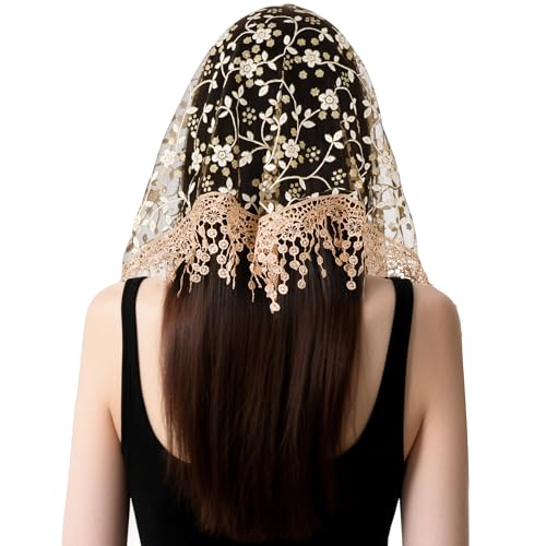 Lystaii Triangle Lace Mantilla Veil with Tassel Tulle Scarf Shawl Cathedral Head Covering Floral Chapel Veil for Mass Wedding4