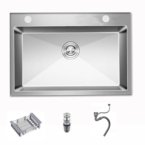 Brigtviee Fregadero de Cocina en Acero Inoxidable, Fregadero Cocina un Seno, Fregadero sobre Encimera, Bajo Encimera y Incorporado con Cesta de Drenaje, Filtro y Tubo de Drenaje,680x450mm