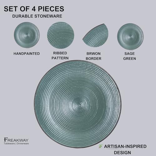 Image of Freakway Rustic Stoneware Quarter Plate - 7.3 inch Textured Ceramic Plate with Matte Glaze Finish, Dishwasher & Microwave Safe - Modern Farmhouse Style Tableware for Everyday Use (Sage Green) - Set of 4