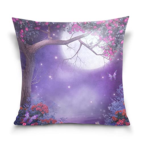 Vnurnrn Throw Pillow Case Decorative Cushion Cover Square Pillowcase 20" x 20" ​Twin Sides, Tree Flowers Colorful Cartoon Moon, for Home, Office, Car Decor Cushion