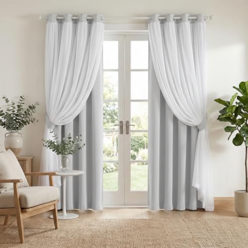 Image of Pony Dance Double Layer Curtains - White Curtains 84 inches Long with Sheer Overlay Nursery Panels for Bedroom /Living /Dining Room, 52 W by 84 L, Greyish White, 2 Pieces