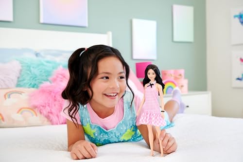 Image of Barbie Fashionistas Doll #224 with Black Wavy Hair, Pink Gingham Dress & Accessories, 65th Anniversary Collectible Fashion Doll