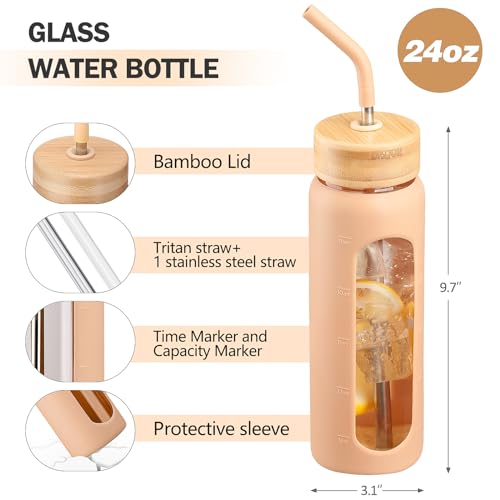 Image of 24oz Glass Water Bottle with Straw and 2 Lids, Amber