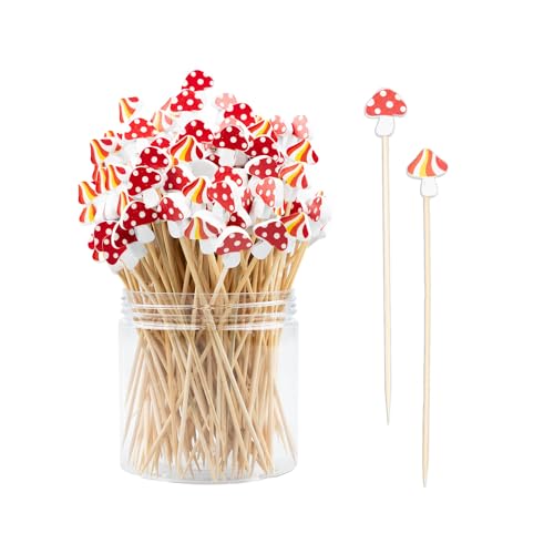120 PCS Cocktail Picks Bamboo Toothpicks Pineapple Flamingo Beach Cactus Palm Leaf Handmade for Appetizers Food Drinks Luau Hawaii Beach Holiday Party Supplies（Mushroom）