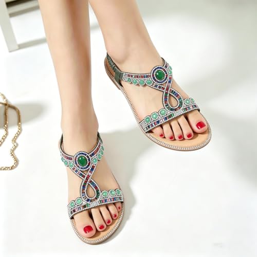 Image of iCKER Womens Rhinestone Strappy Flat Sandals Elastic Ankle Strap Open‑Toe | Sparkling,for wedding,party,evening dates,special occasion,Vacation,Formal