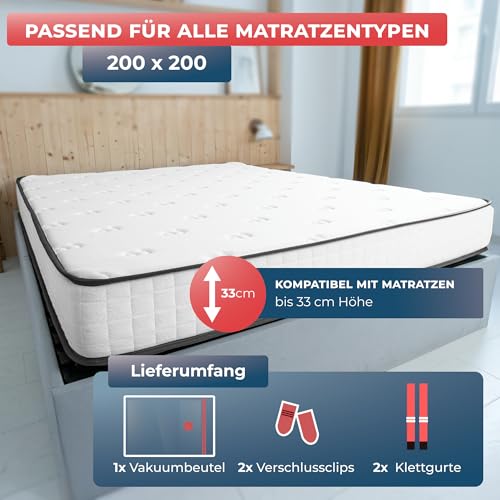 Wrappybag – Vakuumbeutel für Matratzen 200x200 – Komplett-Set mit wiederverwendbarer, wasserdichter Hülle, Clips und Spanngurten – Passend für alle Matratzengrößen und die meisten Staubsauger