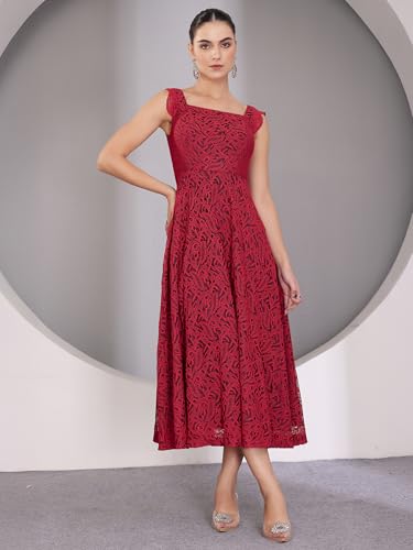 Image of Miss Chase Women's Round Neck Sleeveless Floral Ruffled GatheKnee-Long Skater Dress