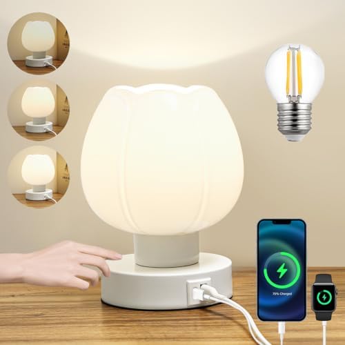Bedside Small Table Lamps Dimmable with USB Ports and outlets,Touch Control Nightstand Lamps