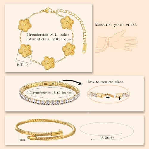 Stackable Four Leaf Clover Bracelets for Women, Tennis Bangle Bracelets Set for Women, 3 Pcs Trendy Jewelry Gifts4
