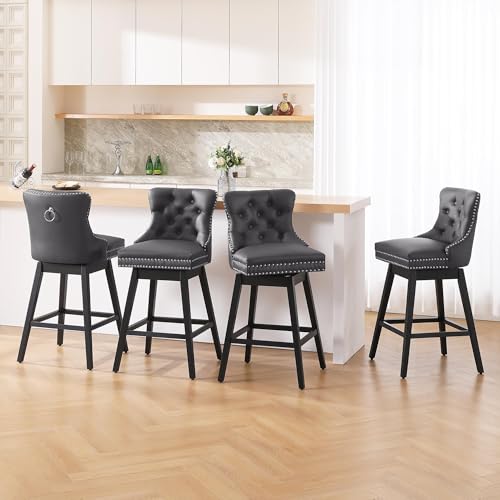 Image of Grey Leather Swivel Bar Stools Set of 6 with Back, 30 Inch Counter Height Chairs, Solid Wood Legs, Tufted Seat, Comfortable and Stylish for Kitchen, Island, Home Bar(Grey, 6 Pack, 30 inch H)