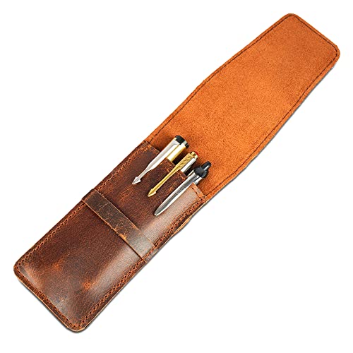 Image of Leather Pen Holder, Genuine 3 Pen Case with Tuck-in Flap, Brown Leather Case for Fountain, Ballpoint & Rollerball Pens, Travel Organizer, Luxury Executive Pen Storage Sleeve (3 Pen, Brown)