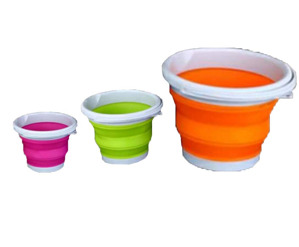 LAOZHOU Foldable Pail Bucket Silicone Collapsible Bucket Multi Purpose 1.5 Liter,3 Liter, 5 Liter(Pack of 3) (Pink+Green+Orange)