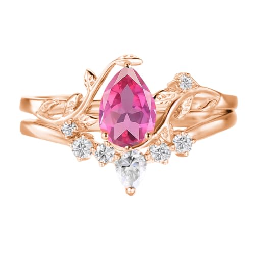 1CT Pear Cut Gemstone Wedding Ring Set for Women, Solid 10K 14K 18K Gold Bridal Ring Sets with Diamond Art Deco Leaf Engagement Promise Rings 2pcs Jewelry Gift for Her 5