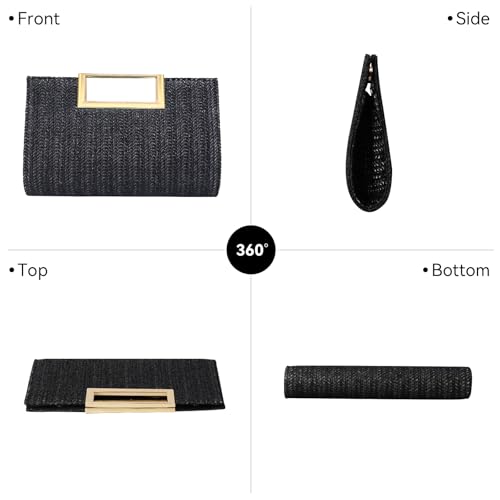 Image of Women's Straw Raffia Clutch Purse, Top Handle Woven Handbag with Crossbody Strap, Summer Beach Shoulder Bag