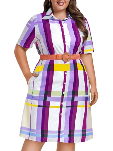 Image of ChiaoLezhee Plus Size Shirt Dress, Colorful Plaid Match Waistband, Fits 1XL-5XL