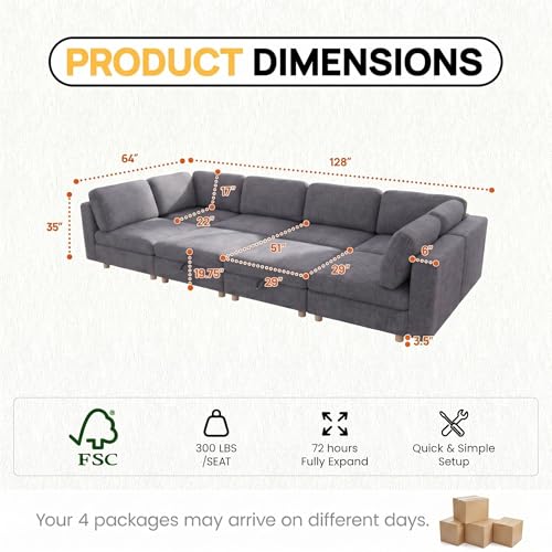Image of 128 inch Modular Sectional Sleeper Sofa, 8 Seaters Chenille Modular Sectional Sofas, Sleeper Sofa Bed with Storage & Ottoman, Sleeper Couch with Removable Covers, Grey Sectional Couches for Living Room