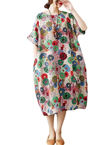 Image of LUZU JUNU Women's Summer Baggy Plus Size Loose Cotton Linen Long Boho Beach Dress with Pockets