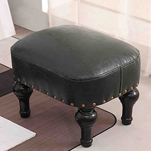 Taburete pequeño tapizado de cuero marrón vintage para sala de estar, reposapiés de madera de goma para sofá, elegante reposapiés