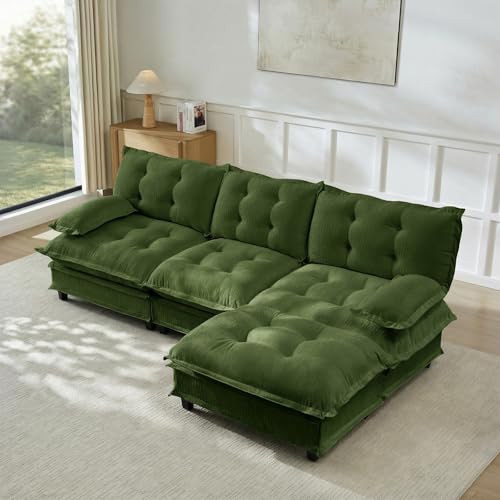 Image of 107 inch L-Shaped Sectional Couches for Living Room, Green 3 Seater Modern Chenille Deep Seat Sofa Set, Salas para Casa, High Back Cloud Couch Modular Sectional Sets with Ottoman