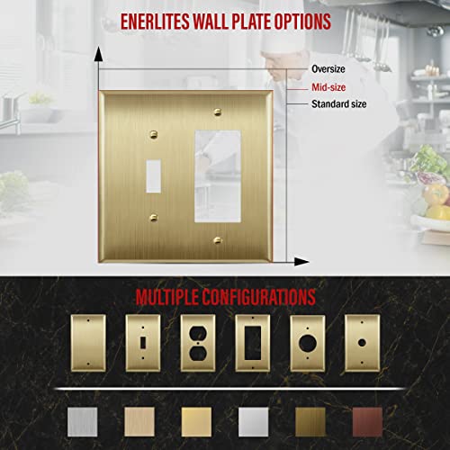 Image of ENERLITES Combination Toggle Switch and Decorator Receptacle Metal Wall Plate, Stainless Steel 201 Outlet Cover, Corrosion-Resistant, Mid-Size 2-Gang 4.88 inch x 4.92 inch, 771131M-BB, Brushed Brass