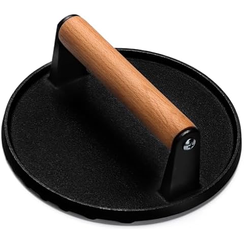 EWFEN Burger Press, 7" Round Heavy-Duty Cast Iron Smash Bacon Press Meat Steak with Wood Handle for Griddle, Sandwich, Nonstick Pan Cover