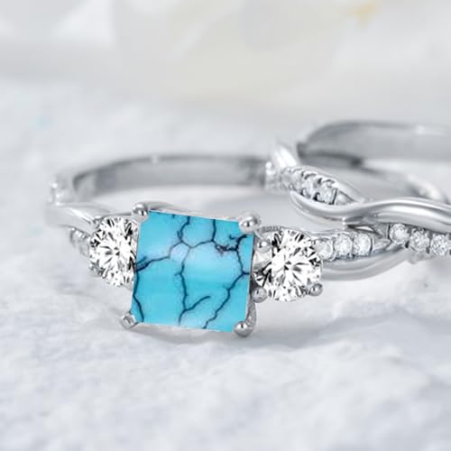 Blocaci Princess Cut Turquoise Rings for Women 1CT Center Turquoise Engagement Ring with Moissanite 925 Sterling Silver 10K 14K 18K Gold Wedding Anniversary Rings for Her3